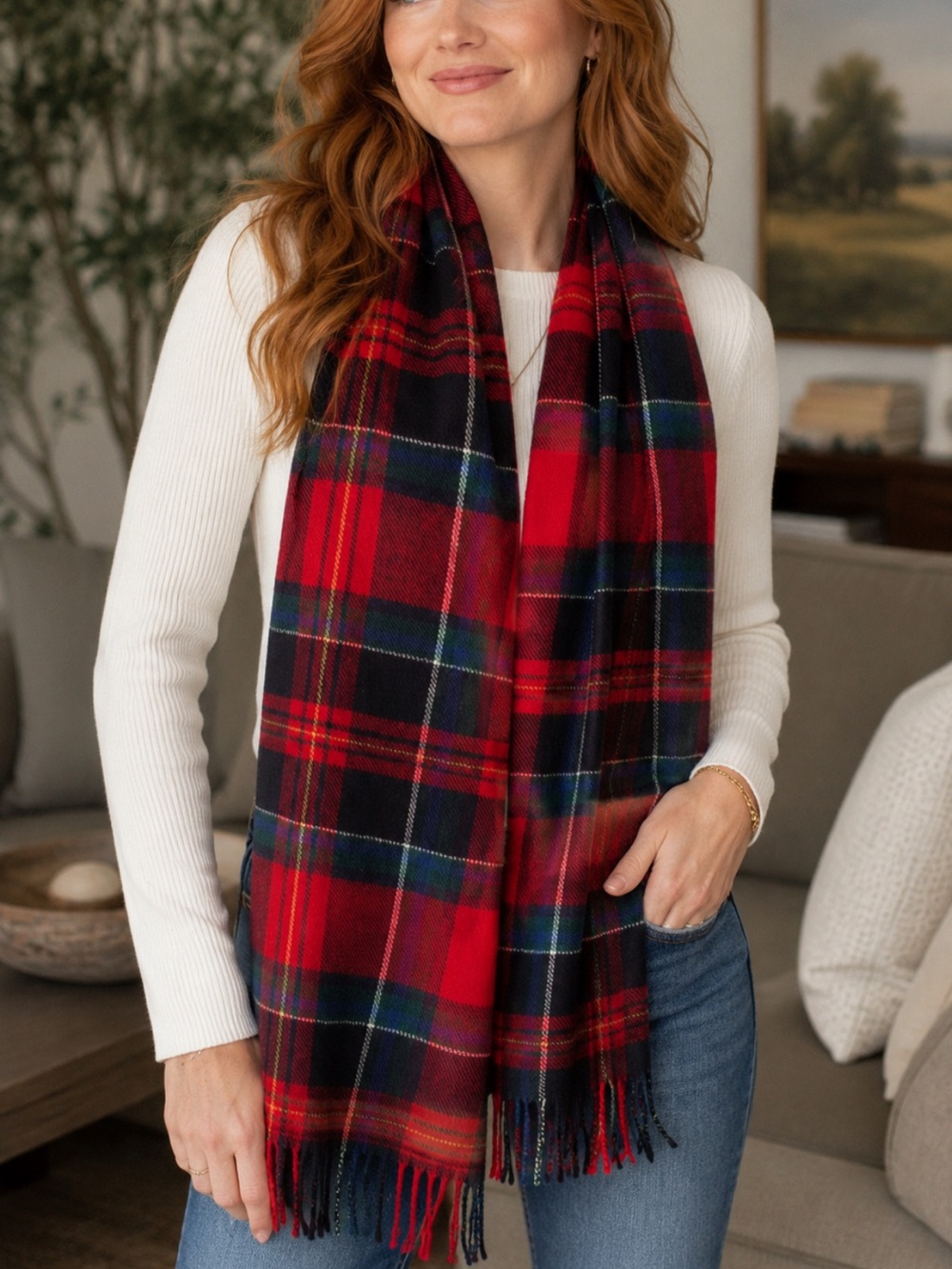 Joules Red Tartan Plaid Fringe Scarf One Size Soft Winter Holiday Like New